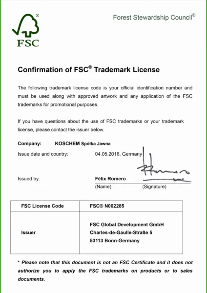 FSC_Confirmation letter KOSCHEM